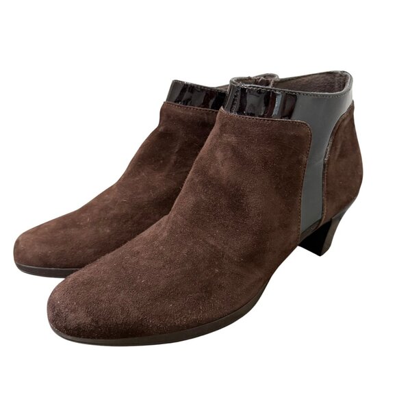 Munro Chocolate Brown Suede Patent Leather Trim Comfort Ankle Boots Womens 10 - Picture 1 of 7